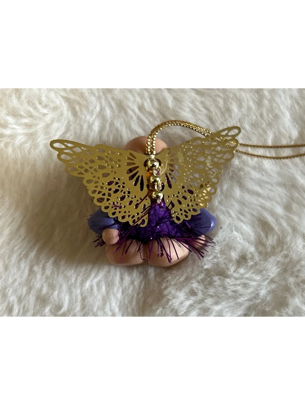 Handcrafted Angel Pendant Ornament with Purple Tinsel Dress and Gold Wings